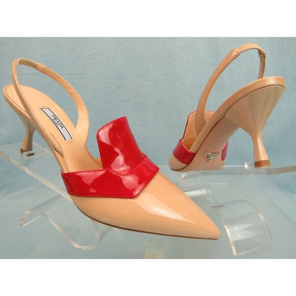 NIB PRADA 1I270L BEIGE RED PATENT LEATHER POINTED TOE SANDALS MULES PUMPS 39 IT - Picture 4 of 12